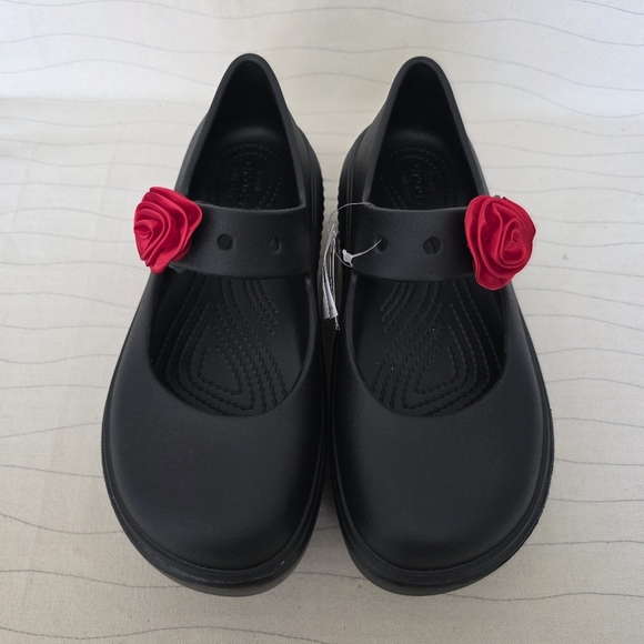 Crocs Womens Stomp Rosette Mary Jane Black Platform Clogs w/ Flower Size 8 NEW - Picture 3 of 11